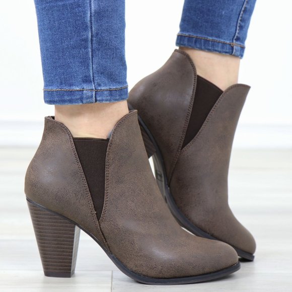 Shoes - Chelsea Cone High Heel Ankle Boots Brown Synthetic Leather Pointed Toe